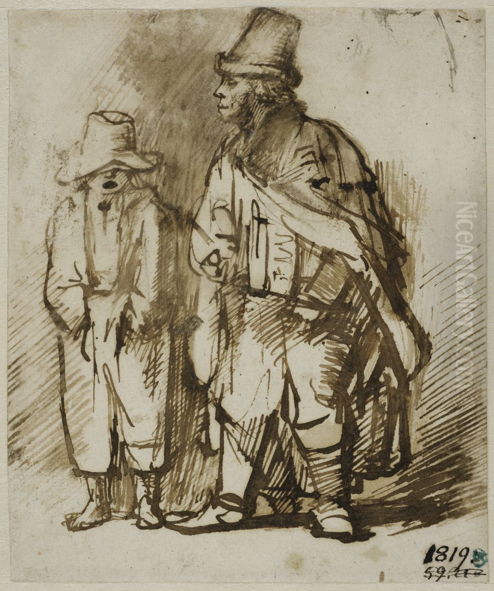 Blind man med vevlira och sjungande gosse Oil Painting by Willem Drost