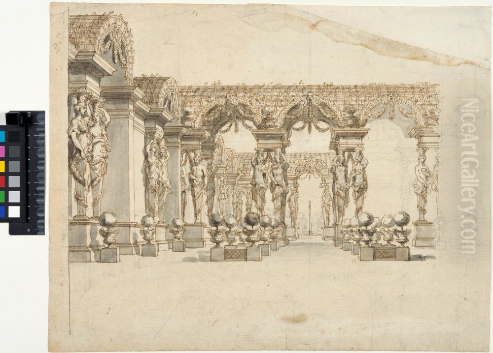 Decor for Theatre. Garden with a pergola carried by caryatids Oil Painting by Jean Berain the Elder