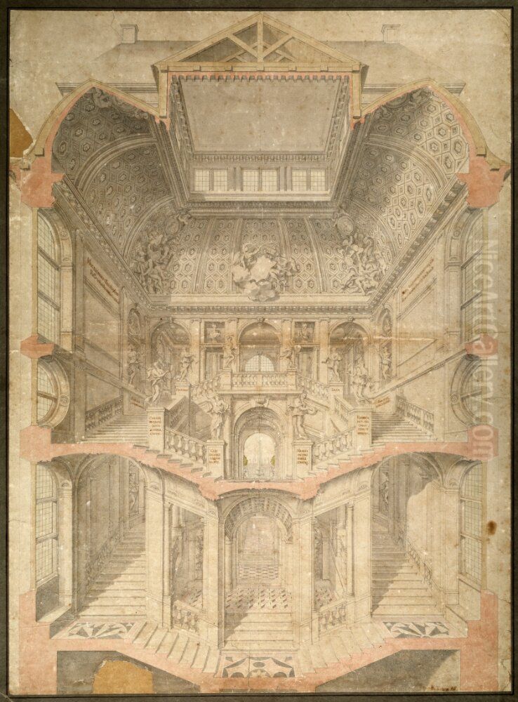 Trapphallen i Drottningholms slott, sektion Oil Painting by Nicodemus Tessin the Younger