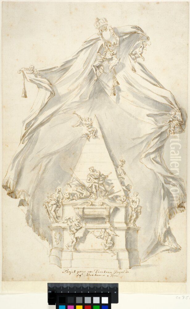 Project for a Royal Tomb, a Sarcophagus with a Pyramid in front of a Curtain Oil Painting by Nicodemus Tessin the Younger