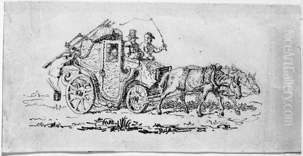 Kaross forspand med tva hastar Oil Painting by Kilian Christoffer Zoll