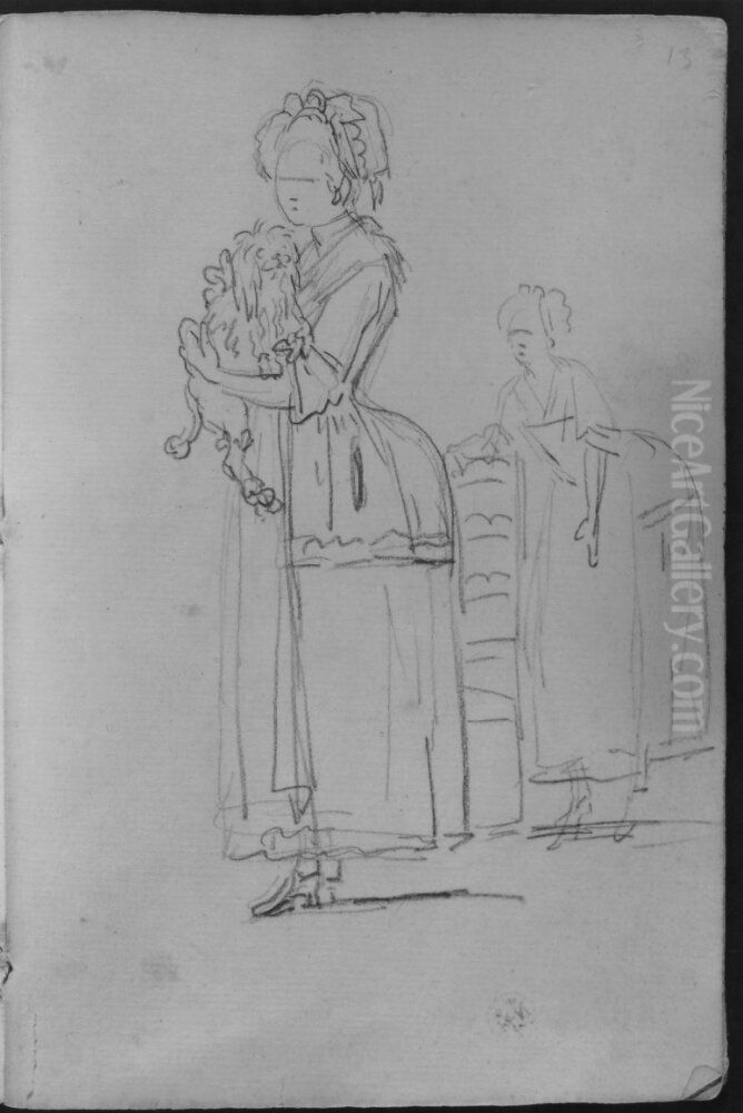 Tva kvinnor med en knahund Oil Painting by Francois-Andre Vincent