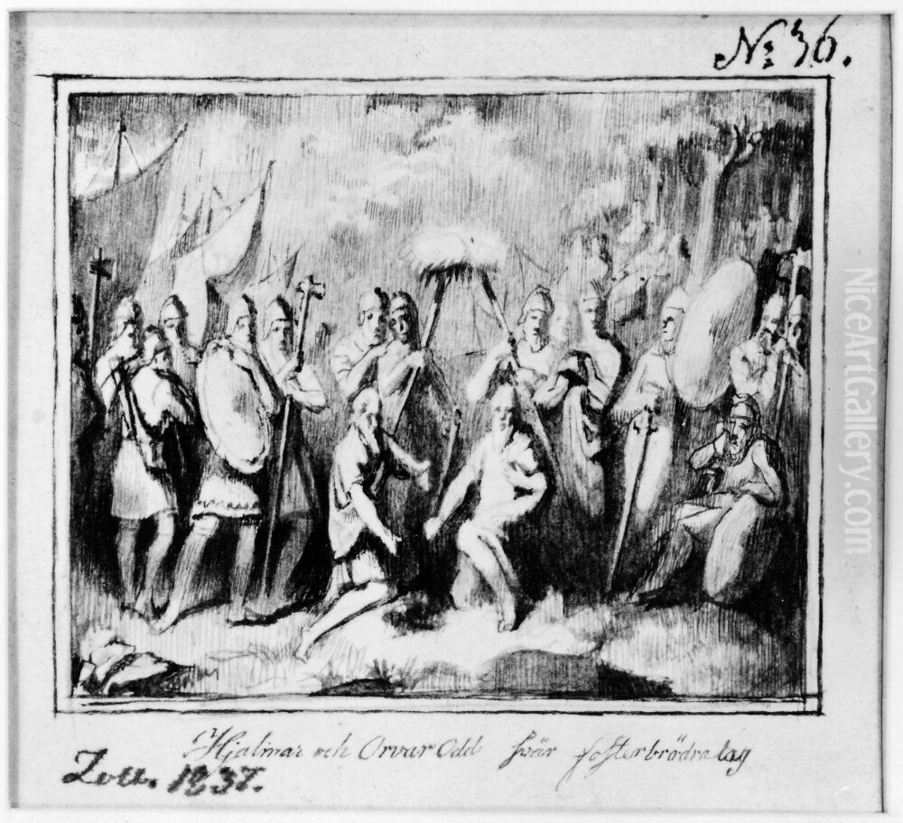 Hjalmar och Orvar Odd svar fosterbrodralag Oil Painting by Kilian Christoffer Zoll