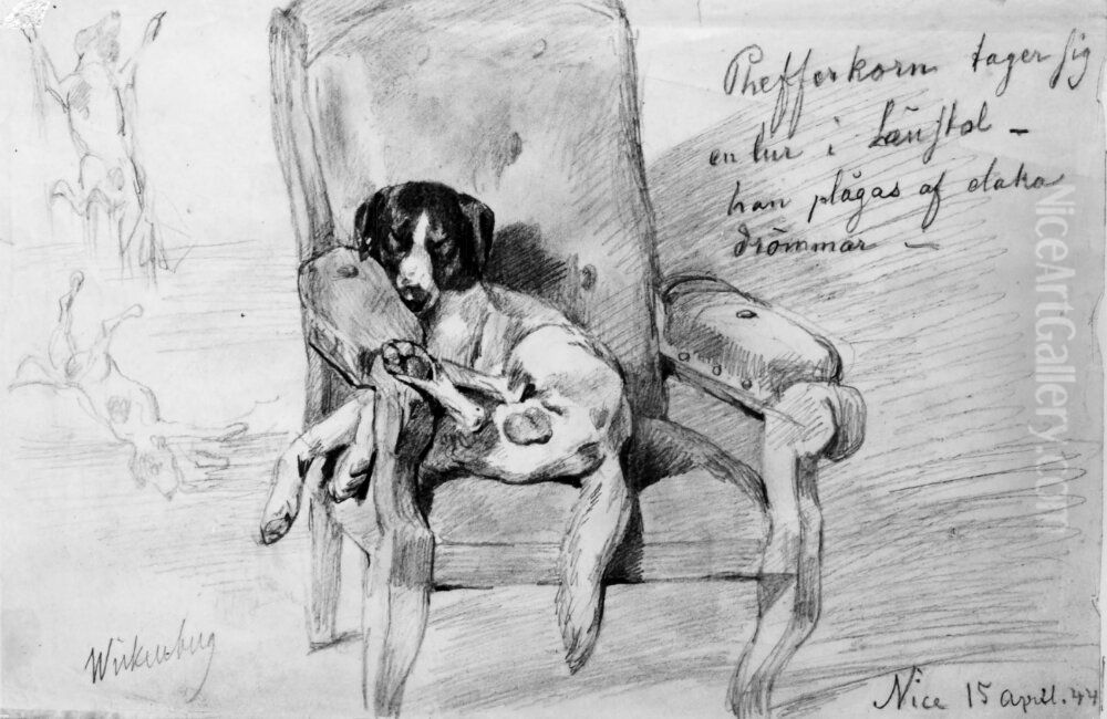 Hund liggande i lanstol Oil Painting by Per Wickenberg