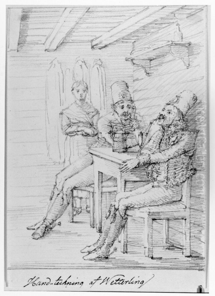 Tva husarer som rastar i en bondstuga Oil Painting by Alexander Wetterling