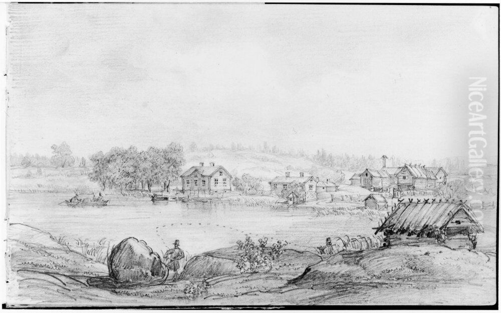 Skissbok, 15 blad med major Wetterlings lanthem m.m. Oil Painting by Alexander Wetterling