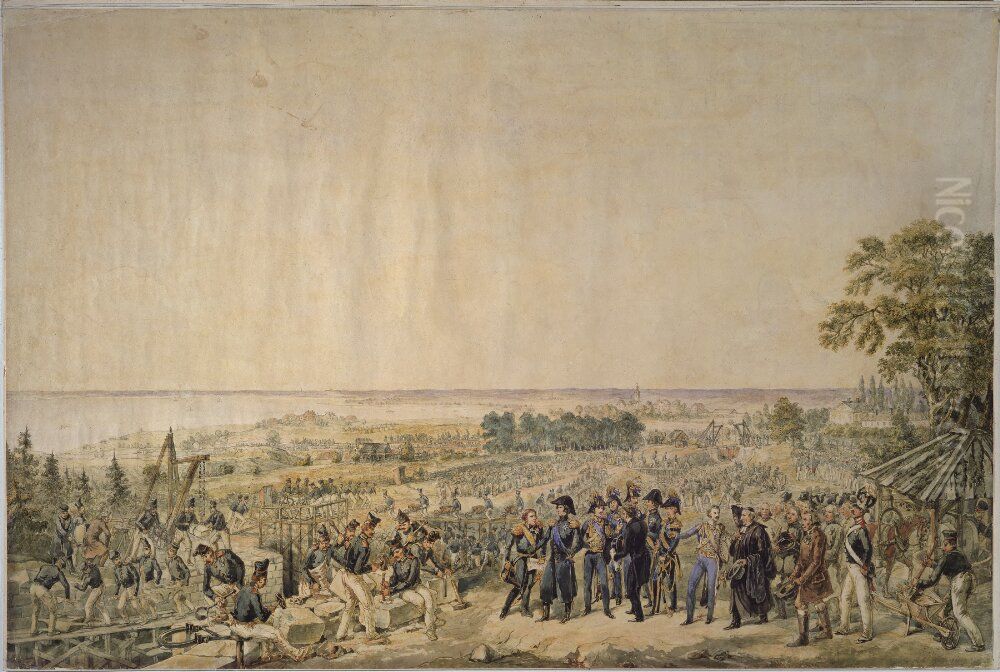 Karl XIV Johan beser arbetarna vid Bergs slussar Oil Painting by Alexander Wetterling