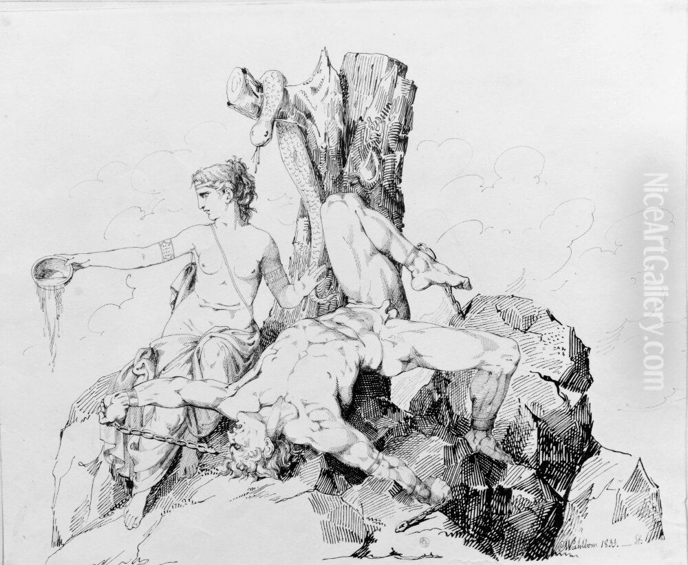 Loke and Sigyn Oil Painting by Carl Wahlbom