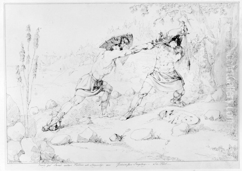 Envig pa Samso mellan Hjalmar och Angantyr om Prinsessan Ingeborg Oil Painting by Carl Wahlbom