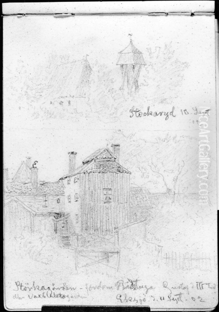 Skissbok, 25 blad. Bergkvara, Moheda, Huskvarna, Trollhattan m.fl. Oil Painting by Alfred Wahlberg