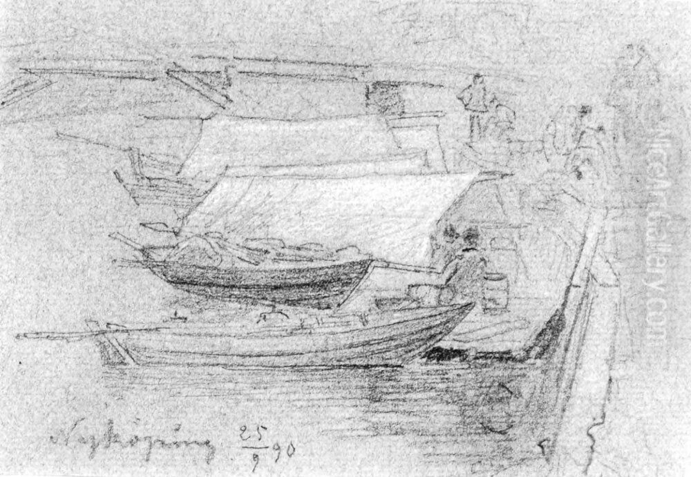 Skissbok, 45 blad. Fifur- och landskap. Lysekil, Nykoping m.m. Oil Painting by Alfred Wahlberg