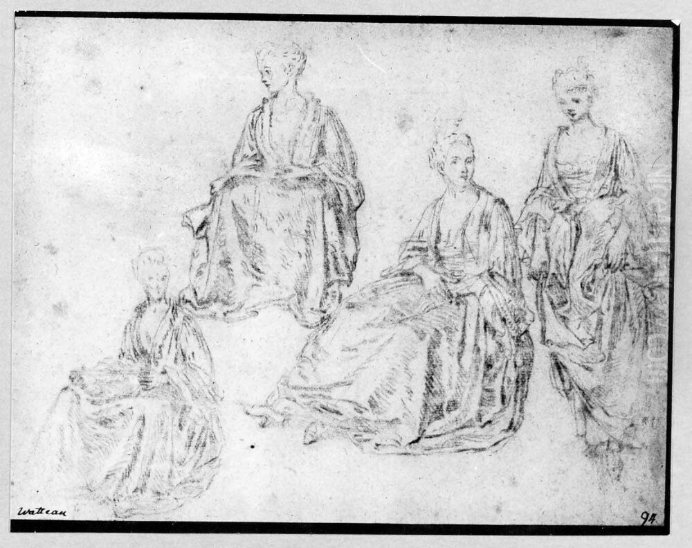 Tre sittande kvinnor och en staende Oil Painting by Jean-Antoine Watteau