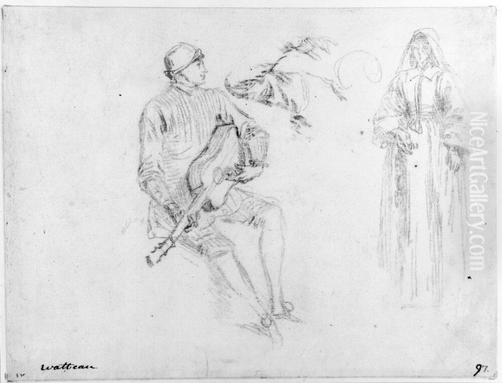 Sittande man som spelare gitarr, staende kvinna, studie av arm Oil Painting by Jean-Antoine Watteau