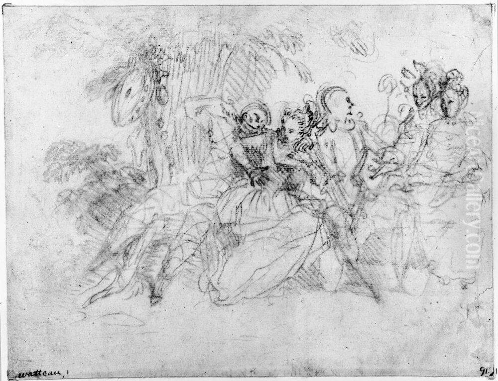 Italienska komedianter sittande under ett trad Oil Painting by Jean-Antoine Watteau