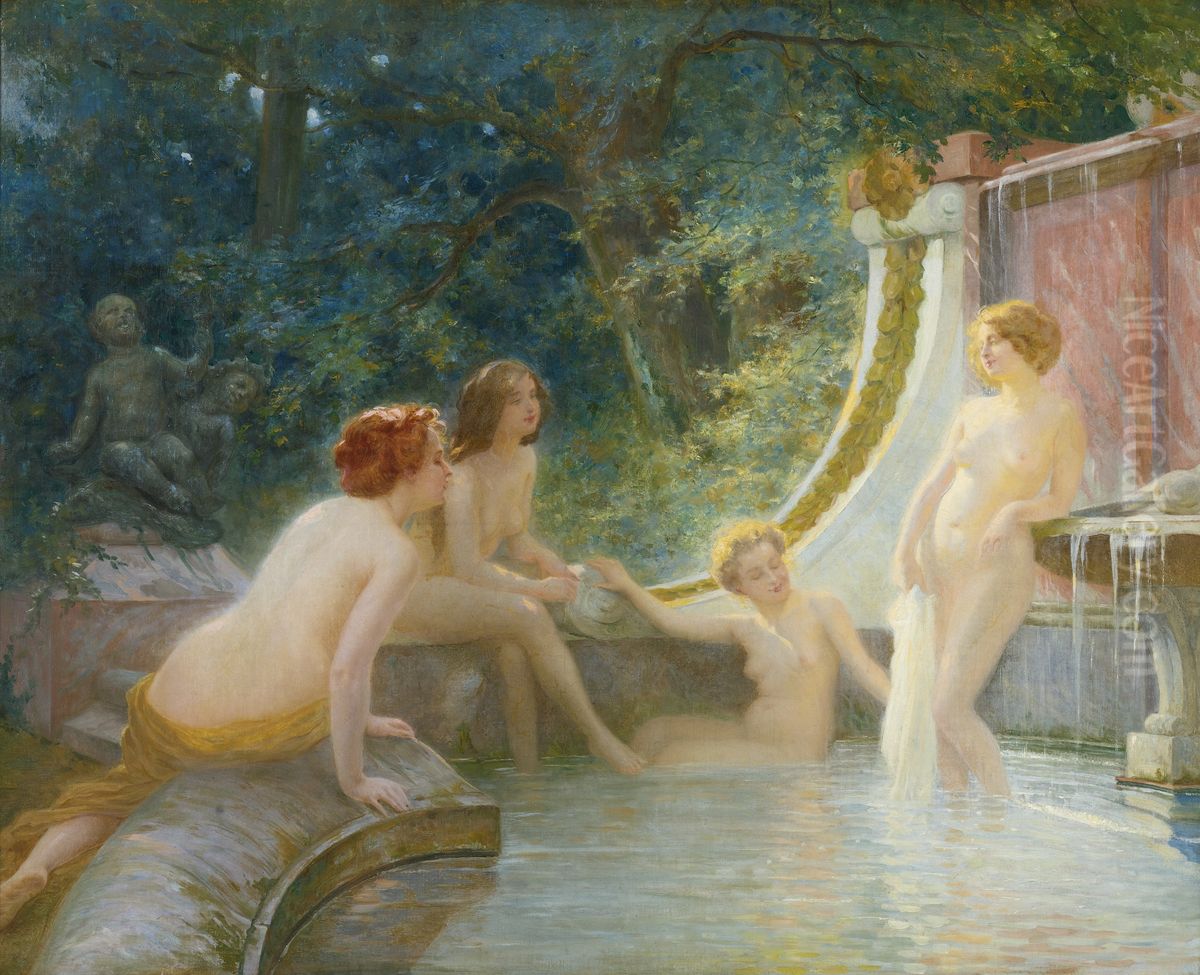 Young Bathers in a Fountain Oil Painting by Albert Fourie