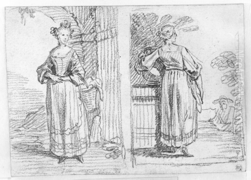 Tva kvinnostudier, en framifran och en bakifran Oil Painting by Jean-Antoine Watteau