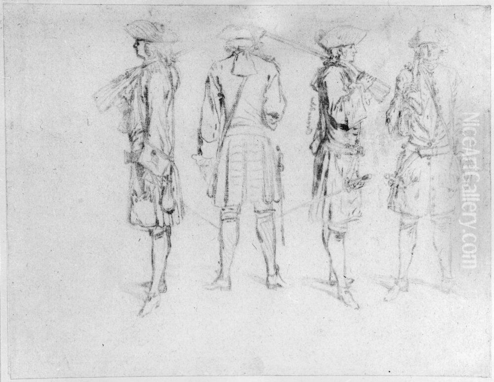 Fyra studier av soldater med skyldrade gevar Oil Painting by Jean-Antoine Watteau