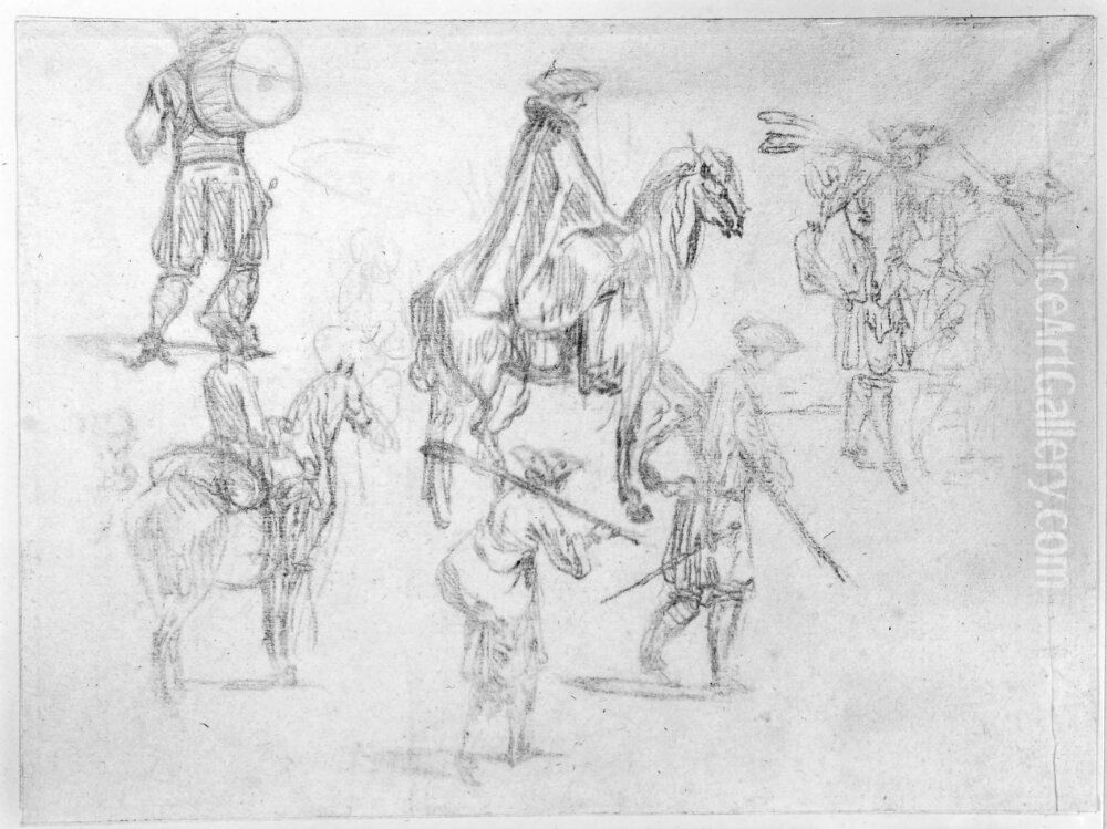 Fem marscherande soldater samt tva officerare till hast Oil Painting by Jean-Antoine Watteau