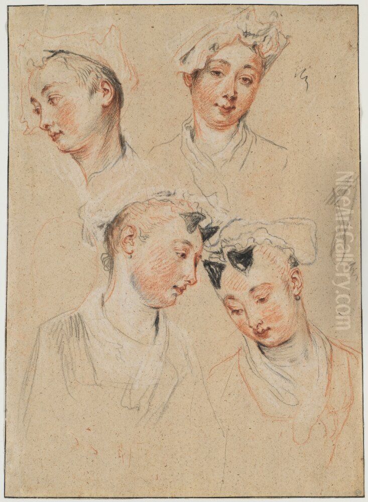Four Studies of a Young Woman's Head Oil Painting by Jean-Antoine Watteau