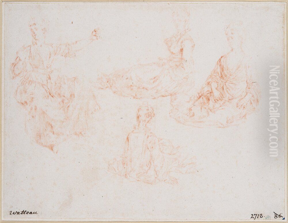 Four Studies of Women Sitting on the Ground Oil Painting by Jean-Antoine Watteau