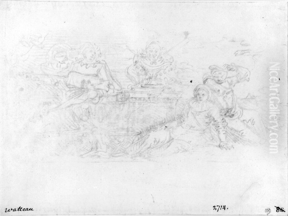 Fyra aktorer runt byst av Momus Oil Painting by Jean-Antoine Watteau