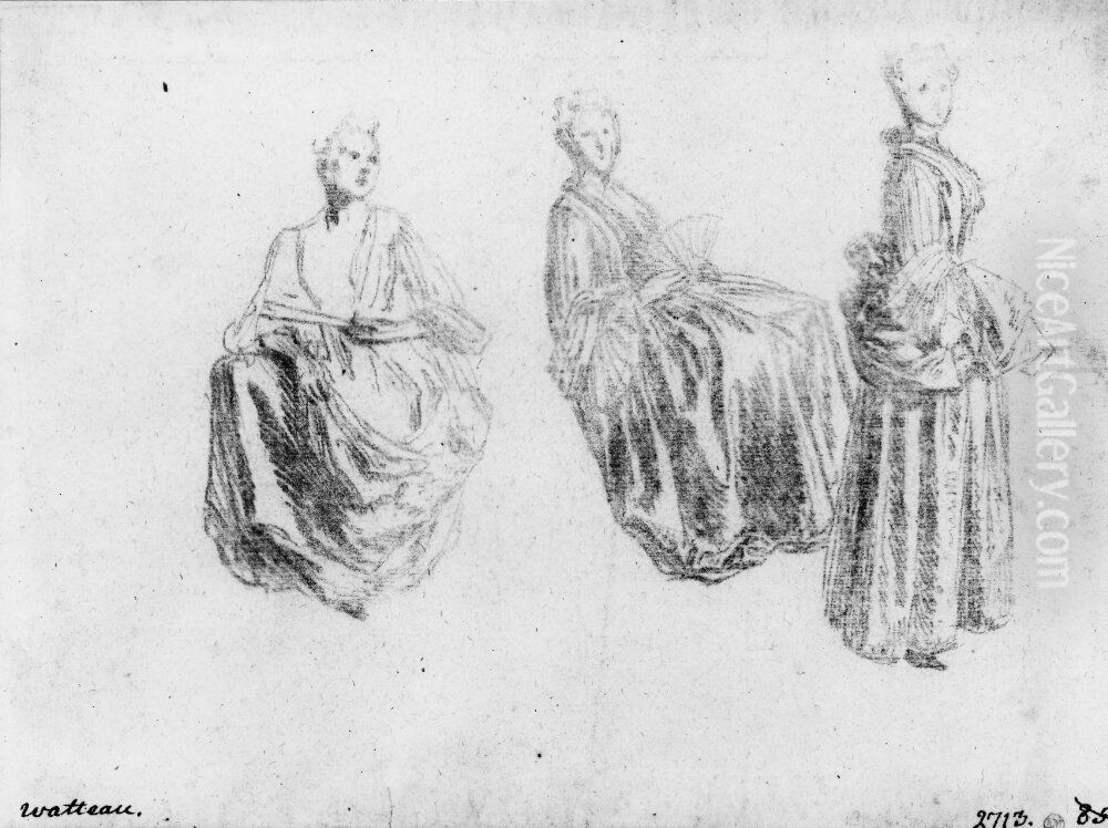 Tva sittande kvinnor och en staende Oil Painting by Jean-Antoine Watteau