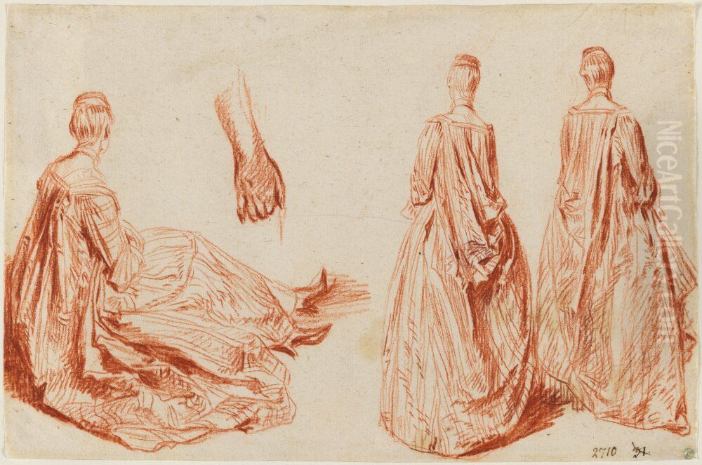 Three Studies of a Woman, Seated and Standing, and Study of a Hand Oil Painting by Jean-Antoine Watteau