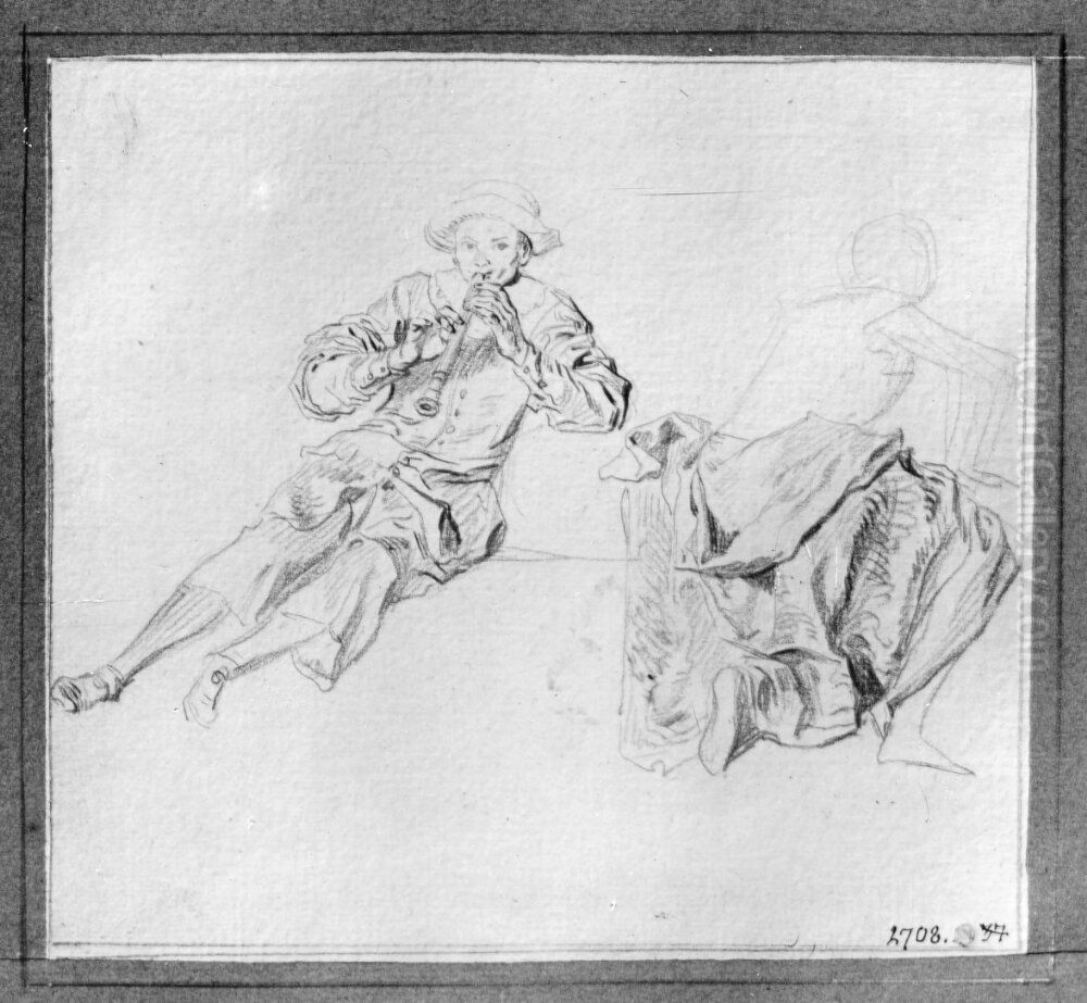 Sittande Pierrot, spelande flojt Oil Painting by Jean-Antoine Watteau