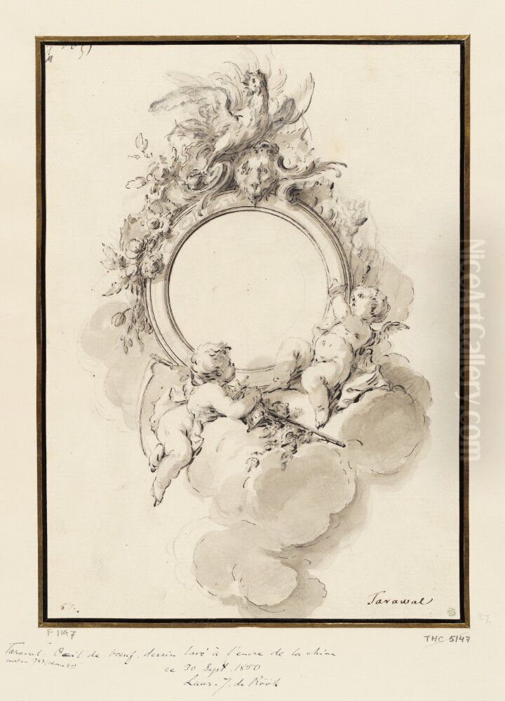 Frame with a Rooster and Putti Oil Painting by Guillaume Taraval