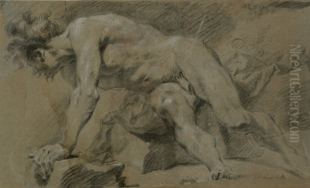 Study of a Male Nude, Seated on a Rock Oil Painting by Guillaume Taraval