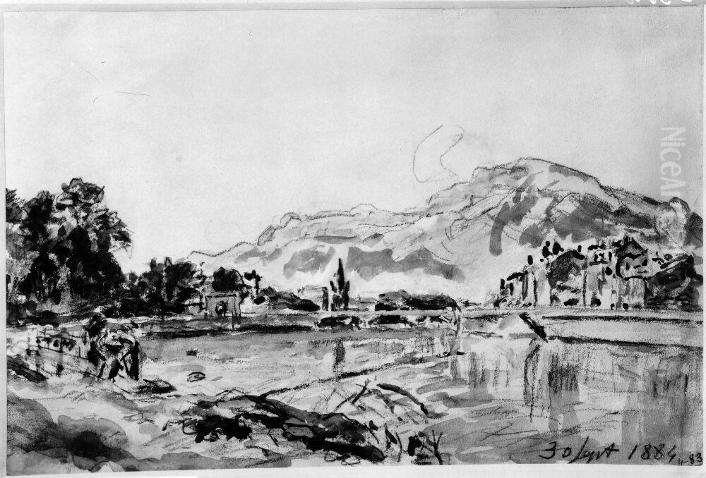 Bergigt landskap med vatten, trad och hus Oil Painting by Johan Jongkind