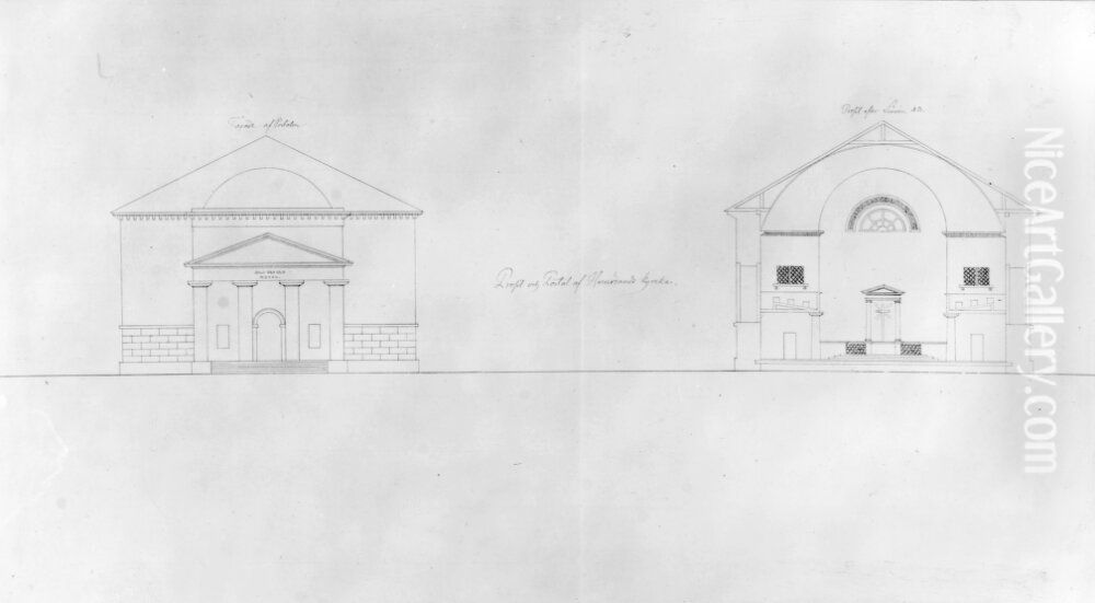 Harnosands kyrka. Fasad av portalen. Genomskarning Oil Painting by Carl Fredrik Sundvall