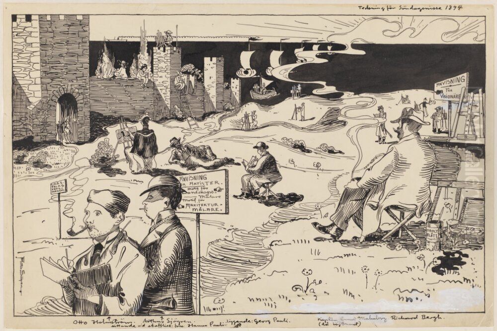 The Artists' Colony In Visby, Illustration for Sondags-Nisse Oil Painting by Arthur Sjogren