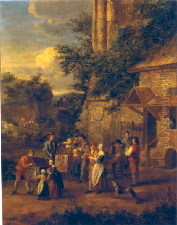 Marskramers en een scharensliep met hun klanten in een landschap Oil Painting by Elisabeth Seldron