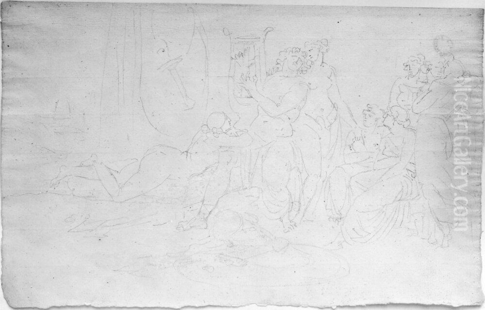 Sallskap samlat kring lutspelare Oil Painting by Johan Tobias Sergel