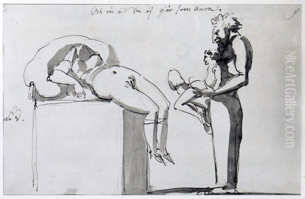 Obscen satyrherm, yngling och kvinna Oil Painting by Johan Tobias Sergel