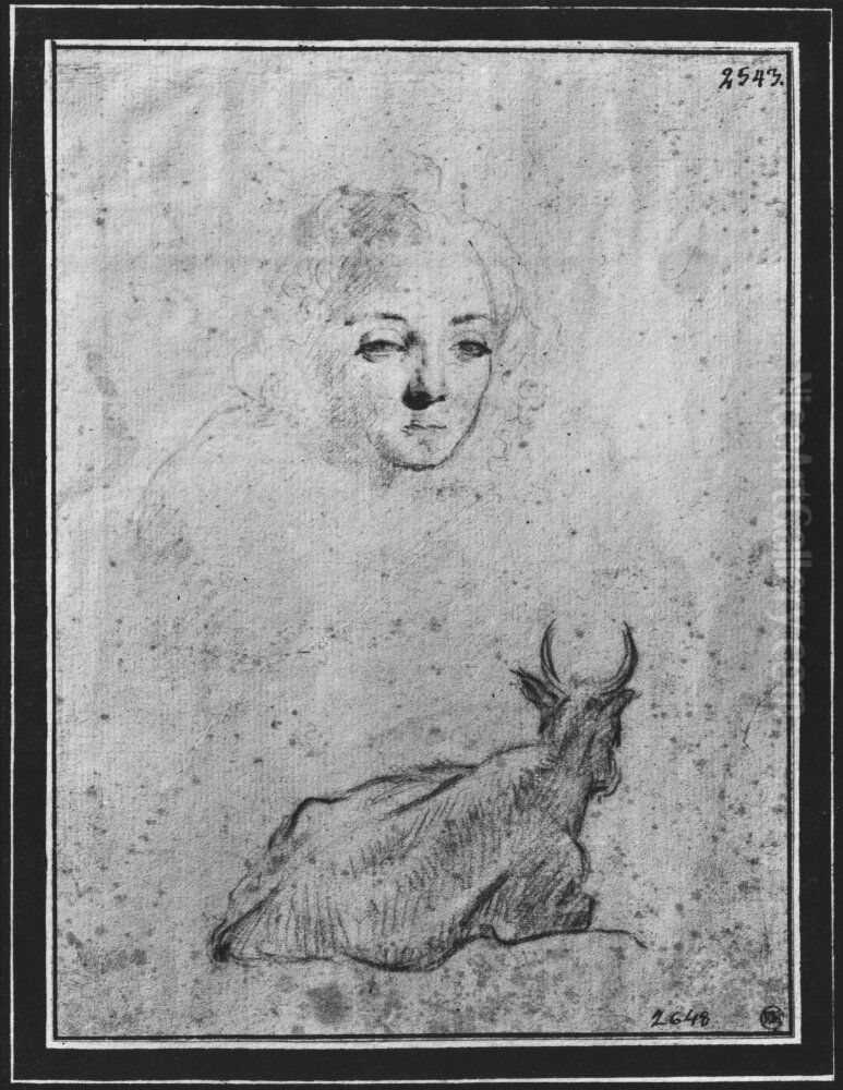 Anna-Maria Vaiani; liggande ko Oil Painting by Claude Mellan