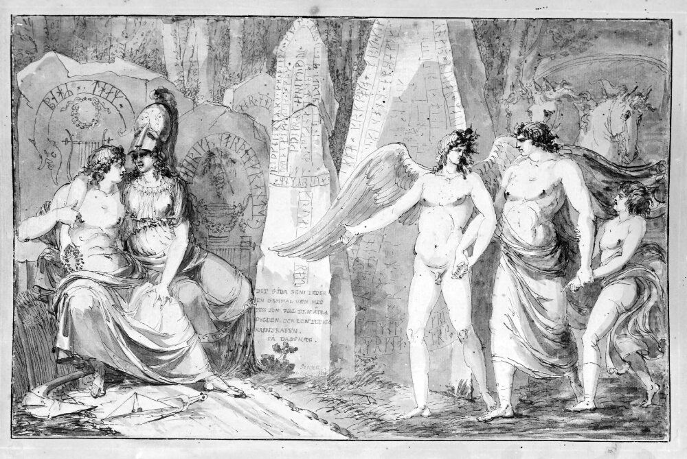 Allegori over konstnarens och hans sons besok pa Dagsnas Oil Painting by Johan Tobias Sergel