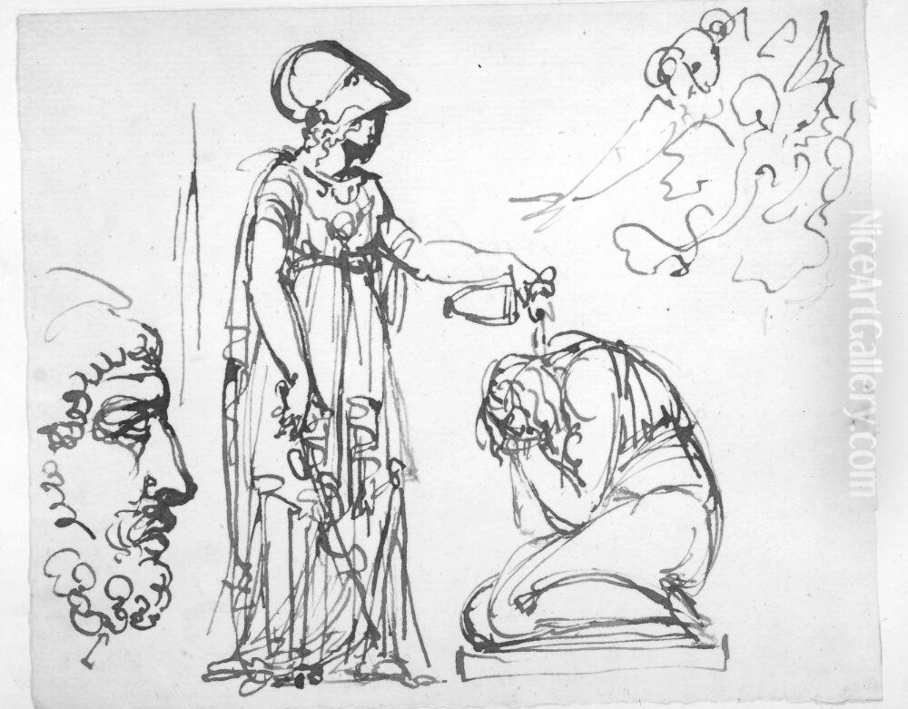 Minerva forattar vinoffer over en yngling Oil Painting by Johan Tobias Sergel