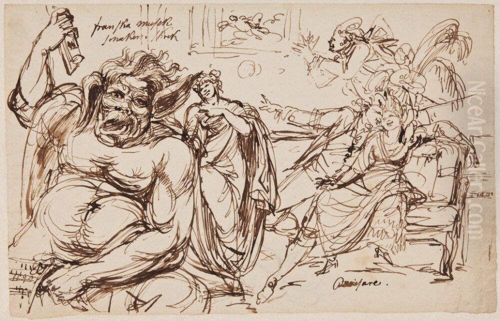 Franska musiksmaken. Till vanster musiksmaken framstalld som en grotesk gammal gubbe Oil Painting by Johan Tobias Sergel