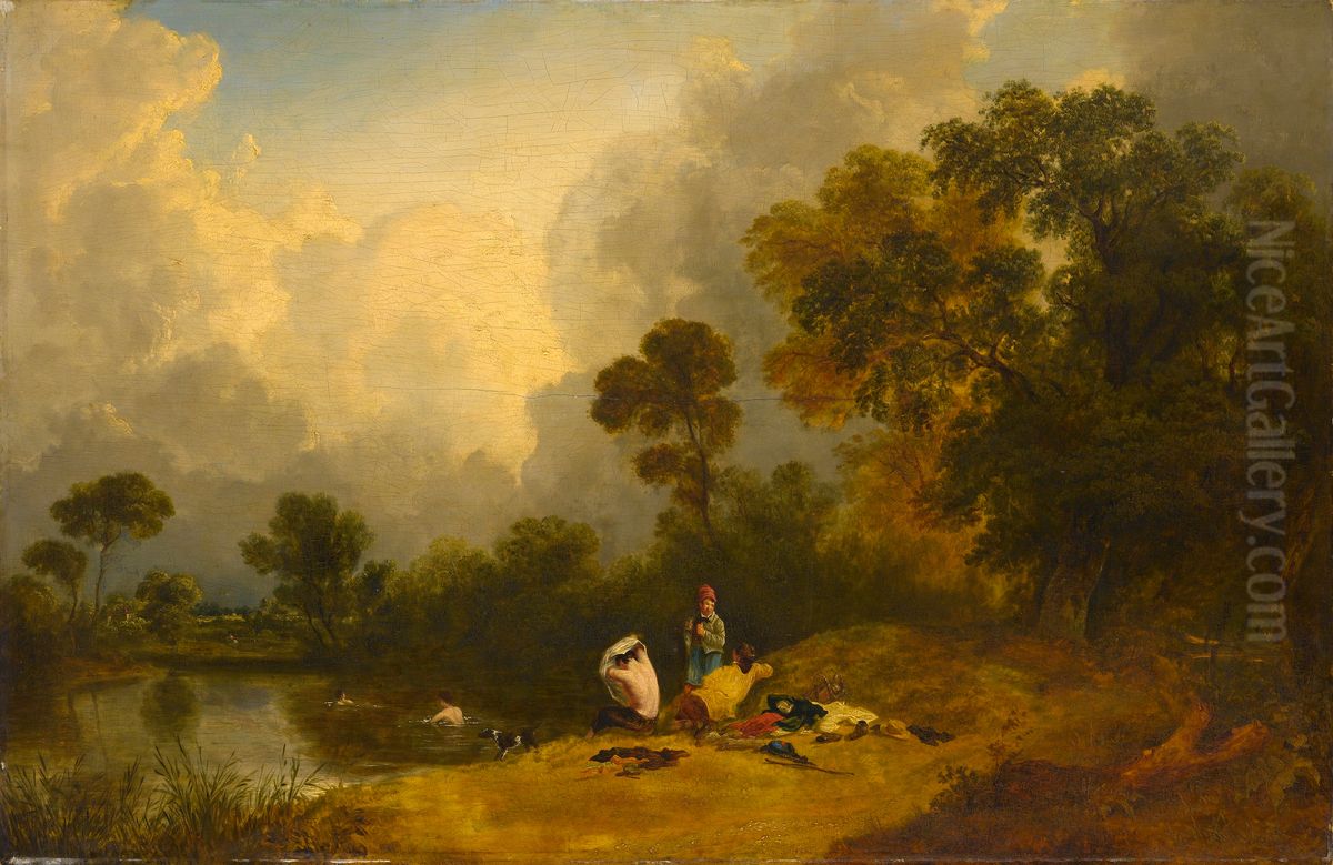 Boys Bathing in a River Oil Painting by Frederick Richard Lee, R.A.