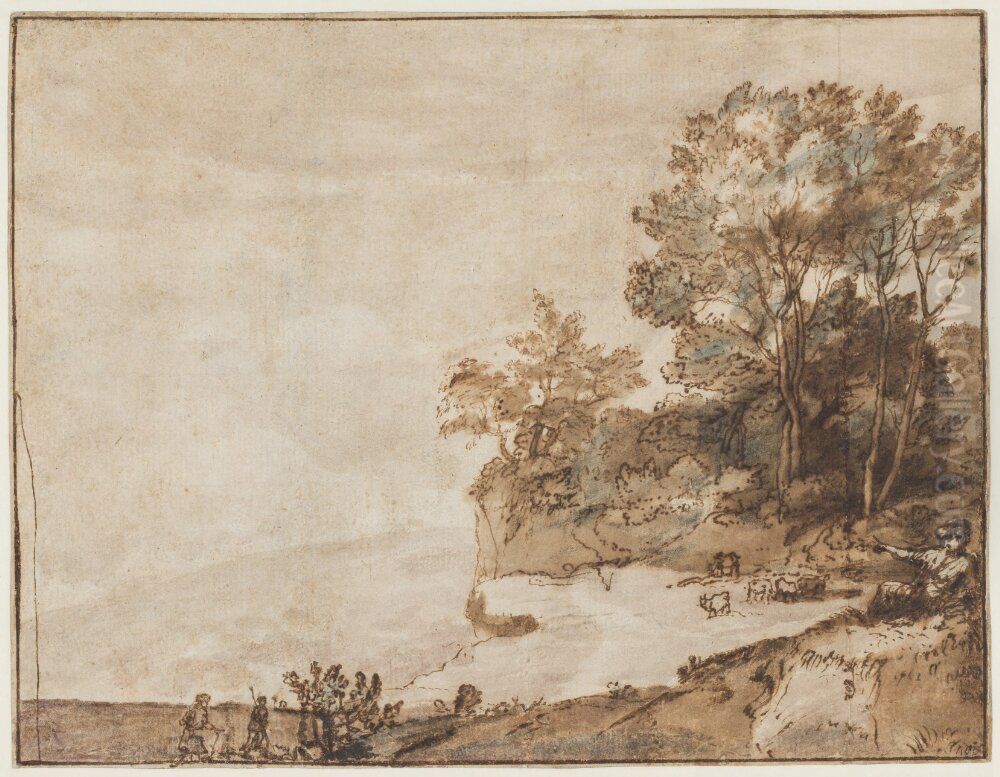 Landscape with Two Men Walkning in the Foreground, One Seated Figure to the Right and Cattle in the Background Oil Painting by Claude Lorrain (Claude Gellee)