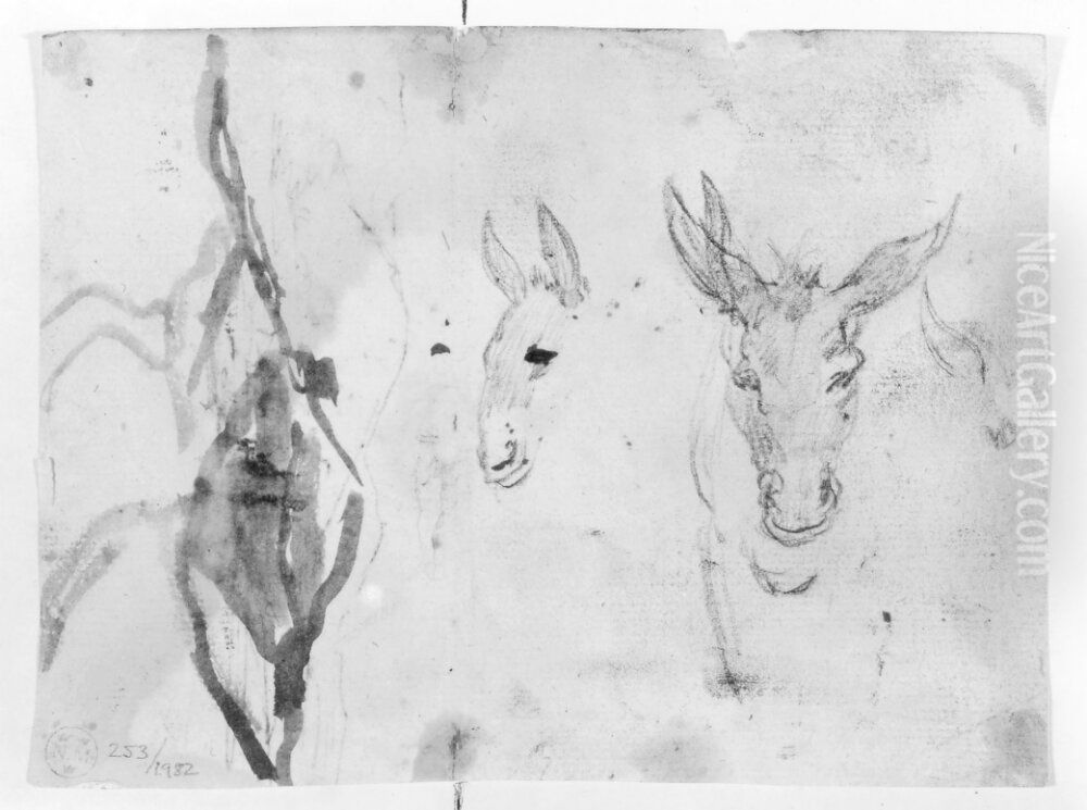 Two Studies of Horses' or Mules' Heads and a Sketch of Distant Hills Oil Painting by Claude Lorrain (Claude Gellee)