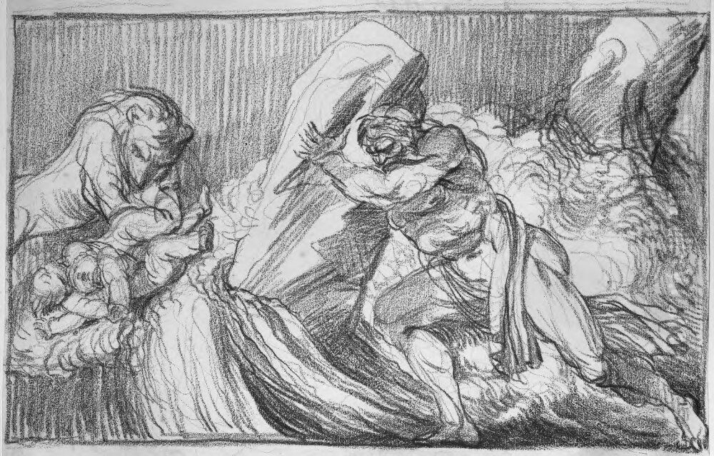 Utkast till relief med skaggig atlet som fordammer en flod och tva lindebarn som vaktas av ett rovdjur Oil Painting by Johan Tobias Sergel