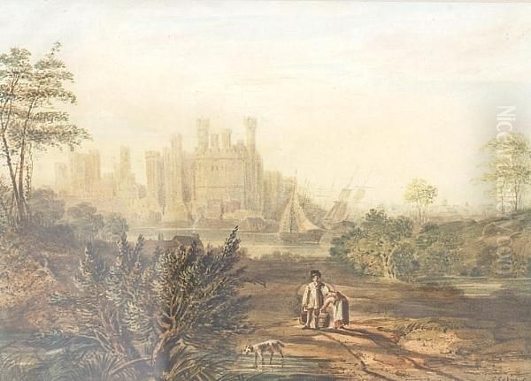 Caernarvon Castle With Figures In The Foreground Oil Painting by Edward Calvert