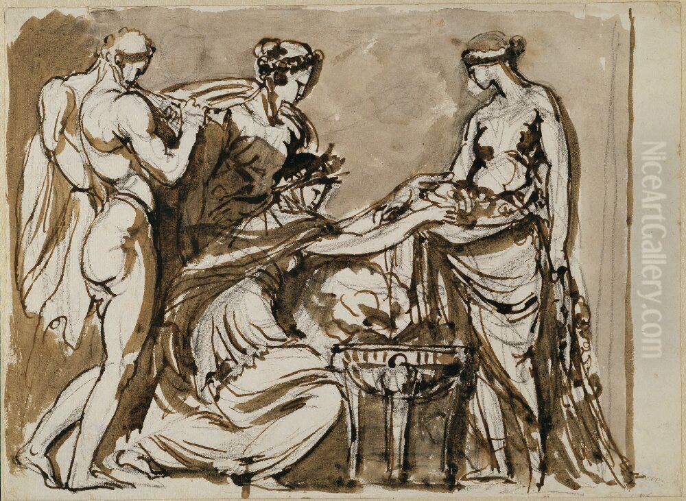 Blomsteroffer, skiss till relief i terrakotta Oil Painting by Johan Tobias Sergel