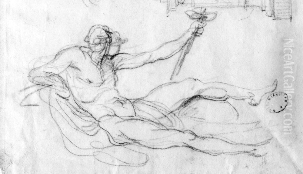 Kvinna med amorin pa rund sockel samt tva skisser till skulpturen Faunen Oil Painting by Johan Tobias Sergel