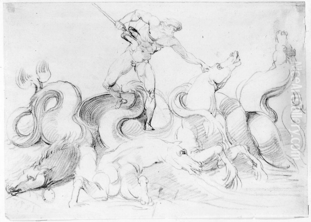 Poseidon slass med vilda hastar Oil Painting by Johan Tobias Sergel