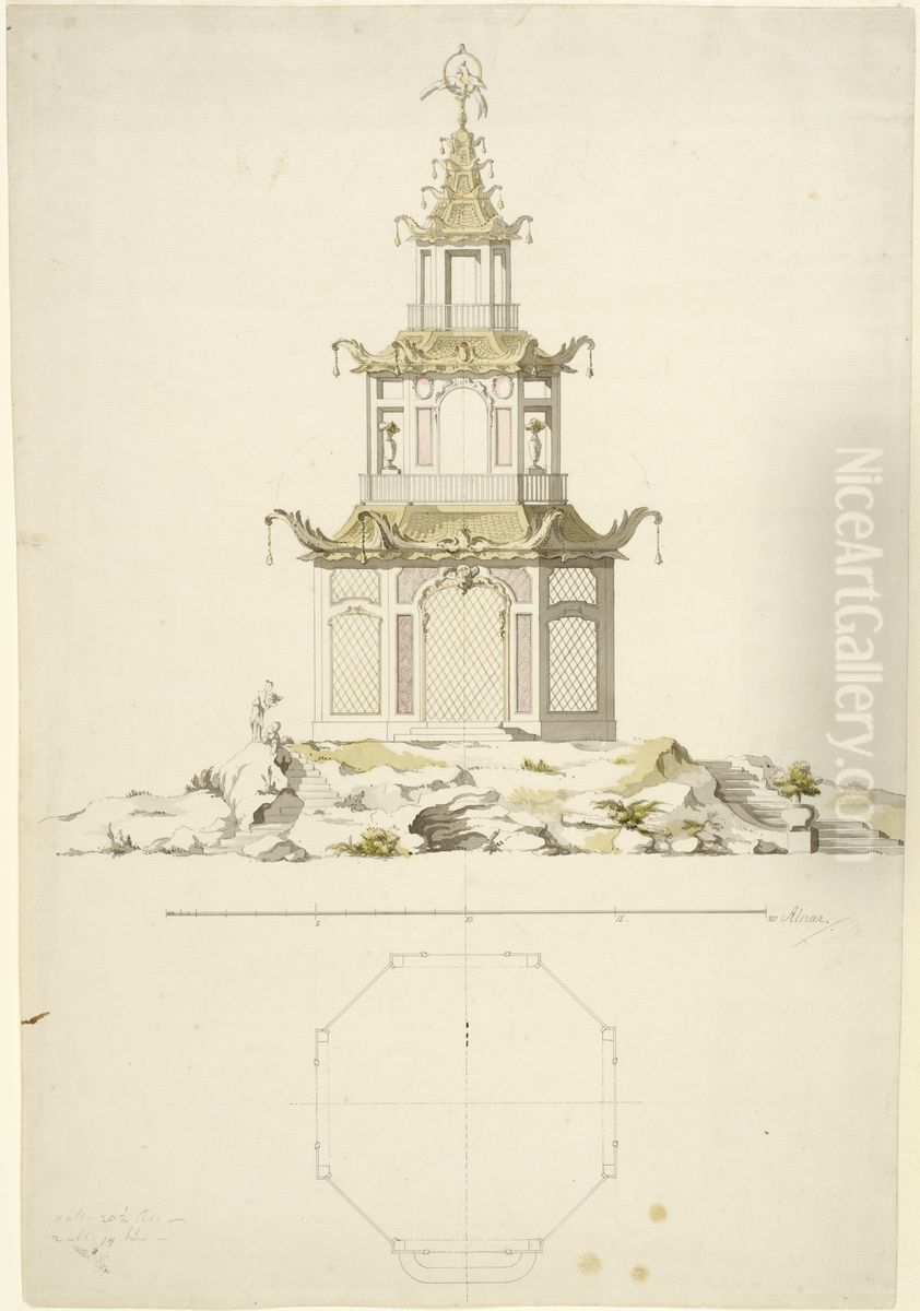Voljar vid Kina slott, Drottningholm. Fasad och plan Oil Painting by Carl Fredrik Adelcrantz