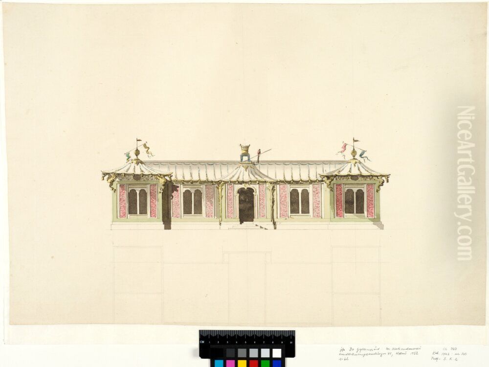 Earliest Proposal for the Chinese Pavilion at Drottningholm. Front elevation and plan Oil Painting by Carl Harleman